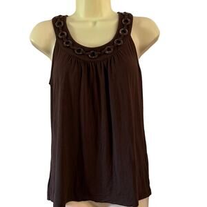 AK Anne Klein Petite M Brown Knit Sleeveless Top Chain Accent